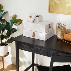 Large Fabric Storage Box with Faux Leather Accent Cream