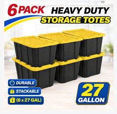 27-Gal Heavy-Duty Storage Totes w/ Snap Lid, Black/Yellow 6-Pack