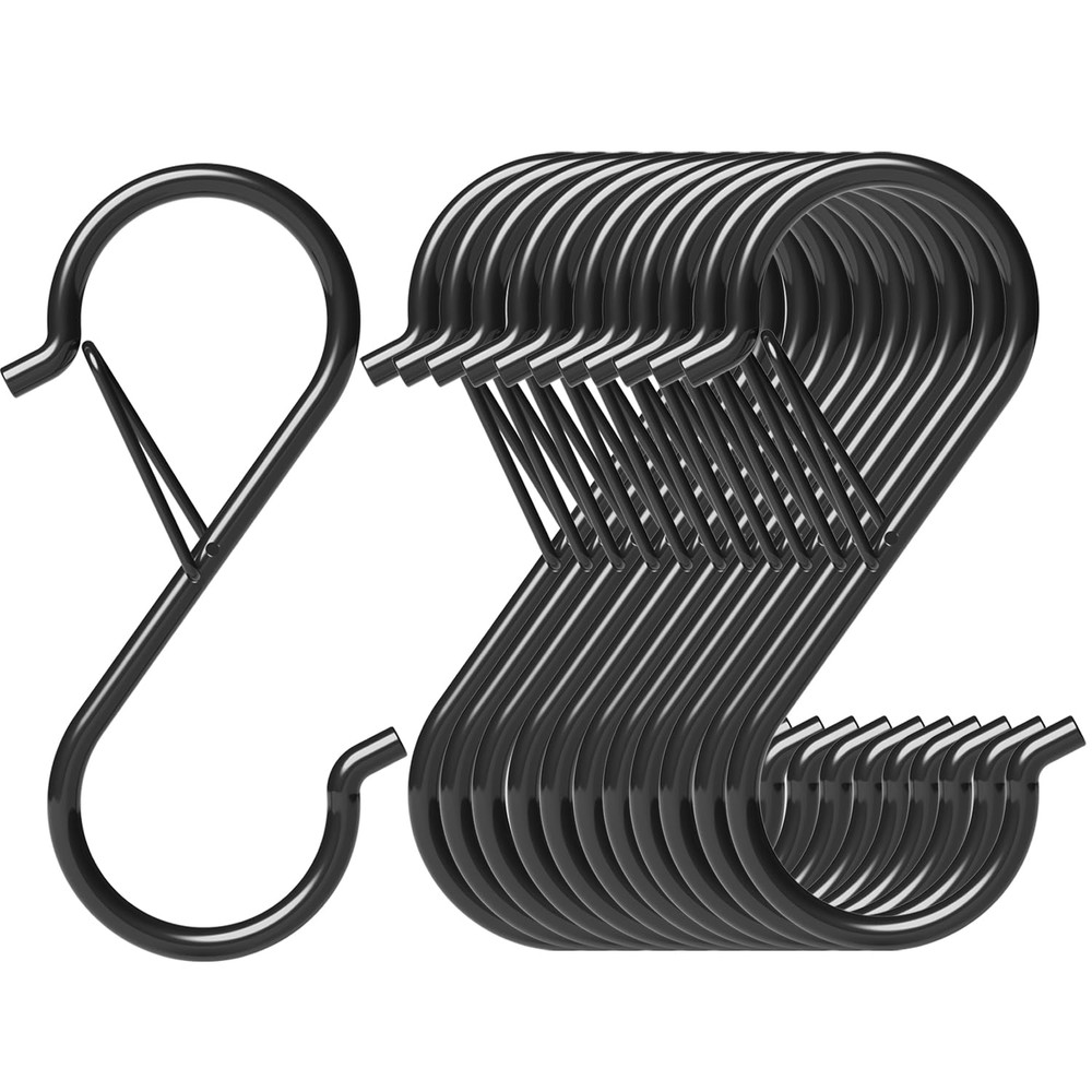 12 Pack S Hooks for Hanging with Safety Buckle, Heavy Duty Metal S Shaped Closet