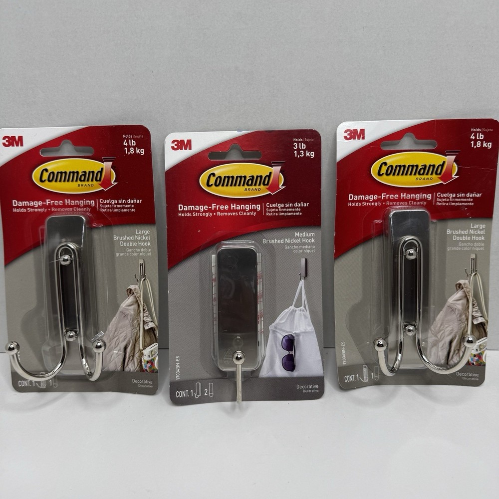 3M Command Hook Bundle Brushed Nickel Large Double & Medium Hooks 3 Pack