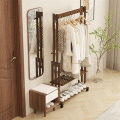 XL Movable Solid Wood Clothes Rack Clothing Rack with Shelf & Hook Garment Stand