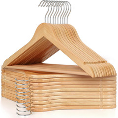 Wooden Coat Hanger 20 Pack, Natural Wood Suit Hangers with Non Slip Pants Bar, 3