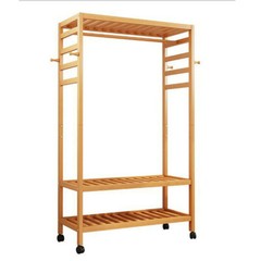 Bamboo Clothes Rail Rack Garment Storage Organizer Hanging Shelf On-Wheels DIY