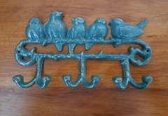 Farmhouse Cast Iron Birds Wall Hooks Green Gold 9.5 Inch
