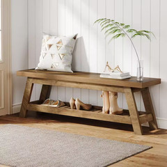 17In. H X 55 In. W Walnut Wood Shoe Storage Bench, 2-Tier Foyer Seating Bench wi