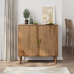 Line Groove Walnut Buffet Sideboard Cabinet 2 Door Accent Storage Cabinet