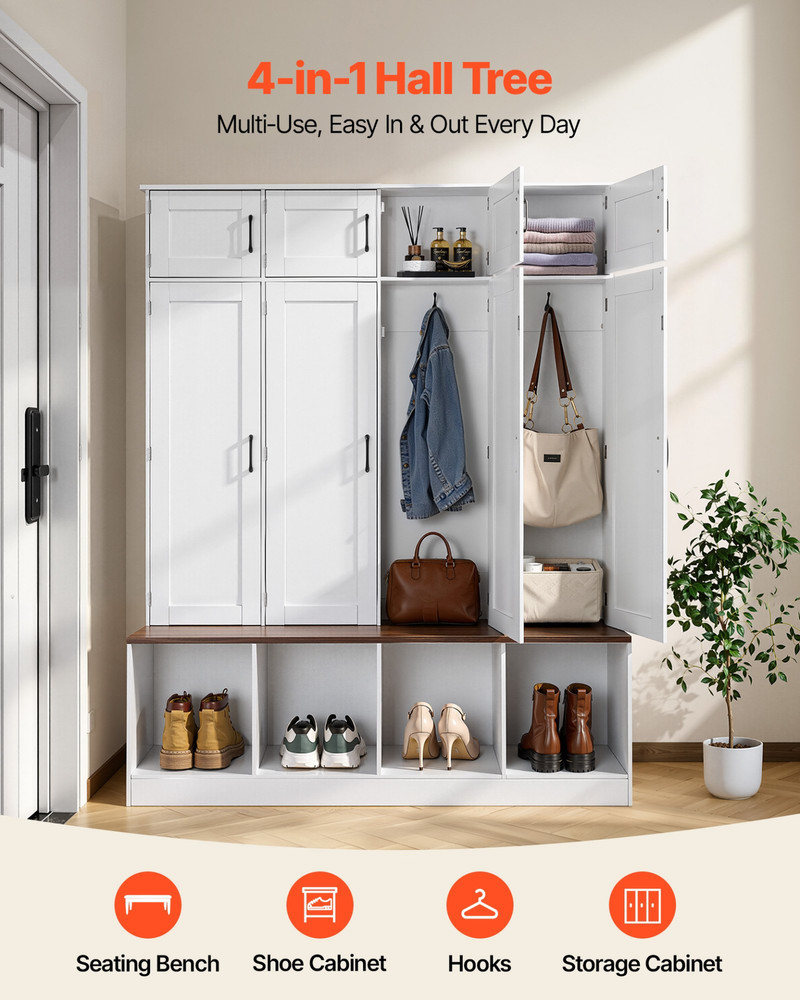 59 in Hall Tree w/ Bench Shoe Cabinet Storage Hooks Entryway White