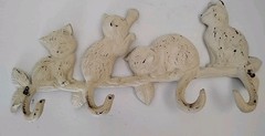 Creamy Antique White Distressed Cats Wall Hook Cast Iron Hats Leashes Coats