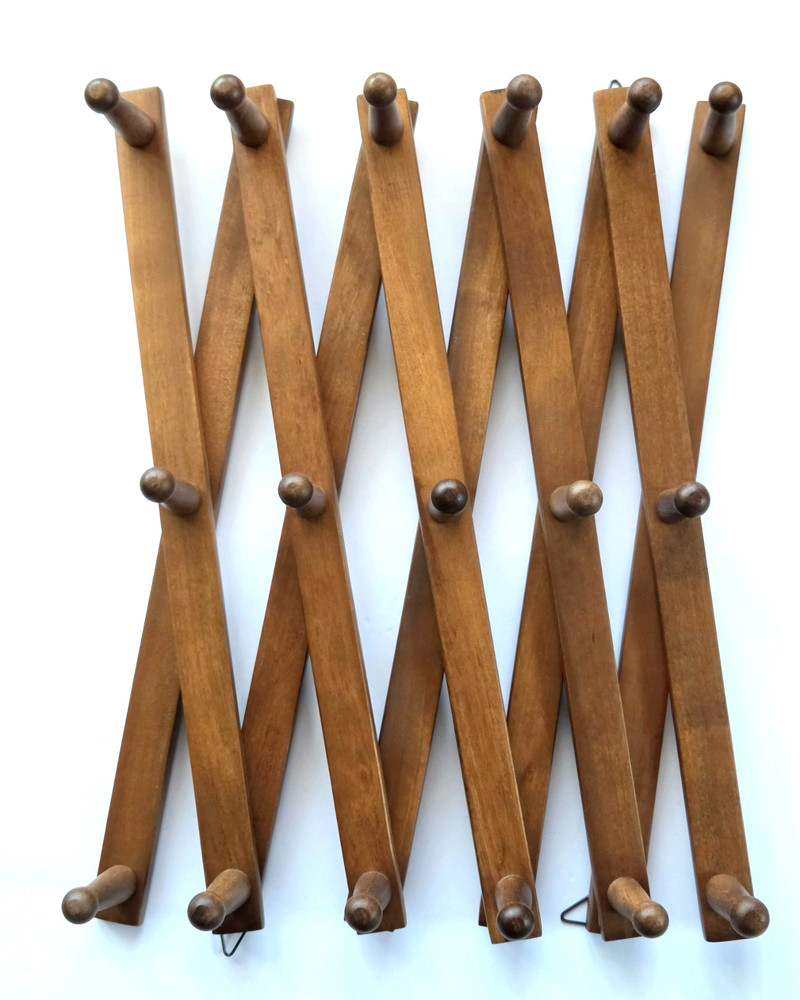 Dark Natural Wood Accordion Wall Hanger Expandable Rack Wall Mounted 17 Peg
