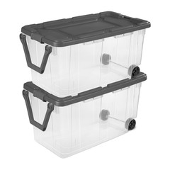 Sterilite 160 Quart Wheeled Stacker, Latch Lid and Pull Handle, Gray, 2 Count
