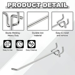 12 Pcs Pegboard Hooks, 5.9″ Peg Board Hooks Kit, Silver Tone (1.2mm)