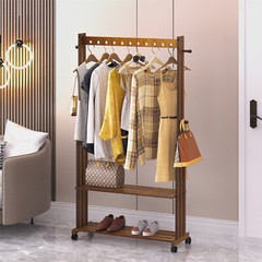Vintage Heavy Duty Wooden Clothes Rail Rack Garment Shoes Shelf With 4 Wheels