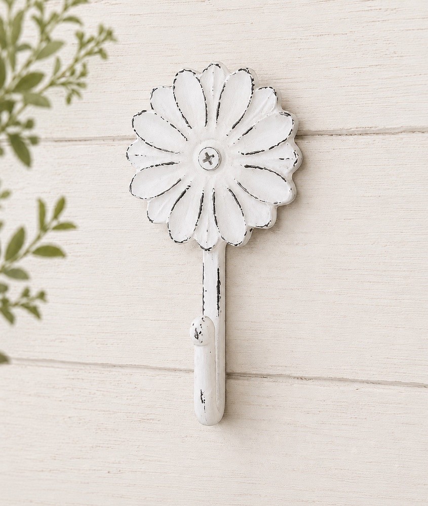 Rustic White Metal Flower Wall Hook Floral Coat Robe Hook Lightweight 5.3 In