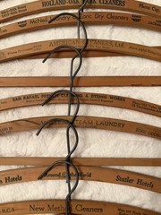Ten Vintage Wooden Advertising Clothes Hangers, Metal Hooks, Traditional 16in