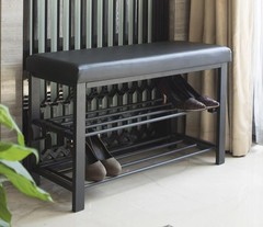 Cushioned Storage Bench for Shoes with Metal Frame and Faux Leather Top