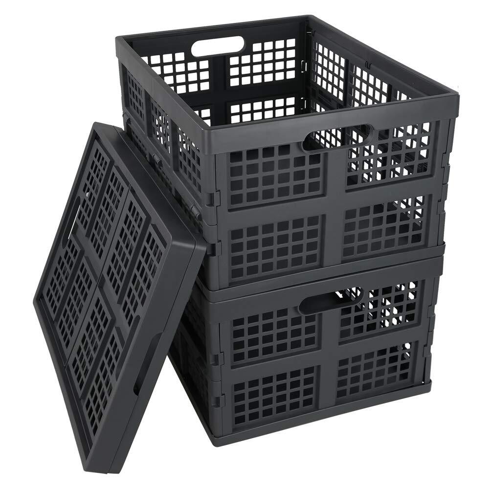 Idotry Plastic Folding Storage Crates Grey Collapsible Basket 28 L Set Of 3
