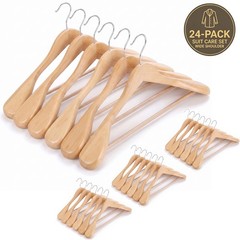 24Pack Wide Shoulder Wooden Hangers Non-Slip Clothes Coat Jacket Hangers Natural