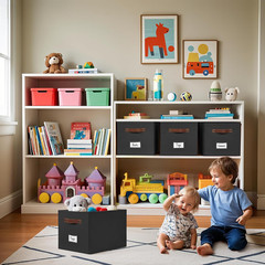 Large Black Fabric Storage Bins with Labels & Handles – 4 Pack