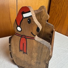 Vintage Wooden Teddy Bear Basket Christmas Storage Caddy Rustic Holiday Decor