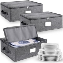 3 PCS 17x13x6 Inch Platter China Storage Case Hard Shell 15 Felt Divider Gray
