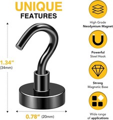 Versatile Magnetic Hooks 50 LB Capacity 20 Pack Black Neodymium for Home Office