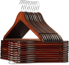20 Premium Walnut Wooden Suit Hangers with Notches & Chrome Swivel Hook
