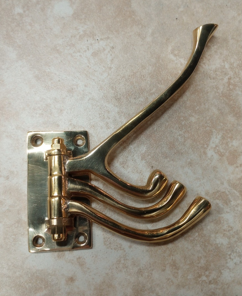 Solid Polished Brass Triple Utility Swivel Hook Coat Hat Garment