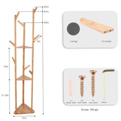 Solid Bamboo Hall Tree 10 Hook Clothes Coat Rack 3Tier Corner Home Garment Shelf