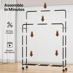 Clothing Clothes Rack Double Rods with Wheels, Rolling Metal Garment Rack for Ha