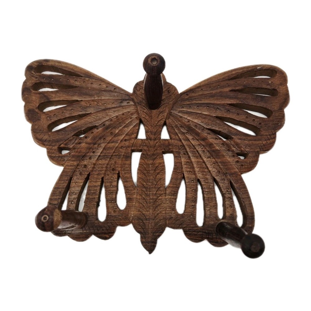 Vintage Carved Wood Butterfly Wall Hook With 3 Pegs