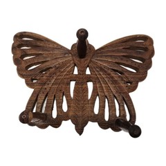 Vintage Carved Wood Butterfly Wall Hook With 3 Pegs