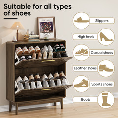 Entryway Shoe Cabinet 31.5″ Walnut Shoe Storage with Doors ,2 Flip-Top Drawer