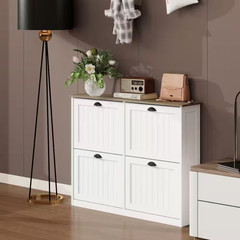 32 In. H X 40 In. W White Wood Slim Shoe Storage Cabinet with 4 Flip Drawers, Ad