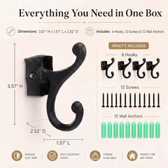 6 Pack Cast Iron Hooks Rustic Black Double Wall Hooks 35lb Capacity Farmhouse…