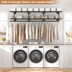 Industrial Pipe Clothes Rack with Top Shelf, 59In Space-Saving Wall Mounted Clot