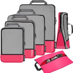 6-Piece Compression Packing Cubes – Expandable Travel Organizers in Fuchsia