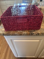 Red Straw Storage Basket Woven Handles Free Standing Square Contemporary