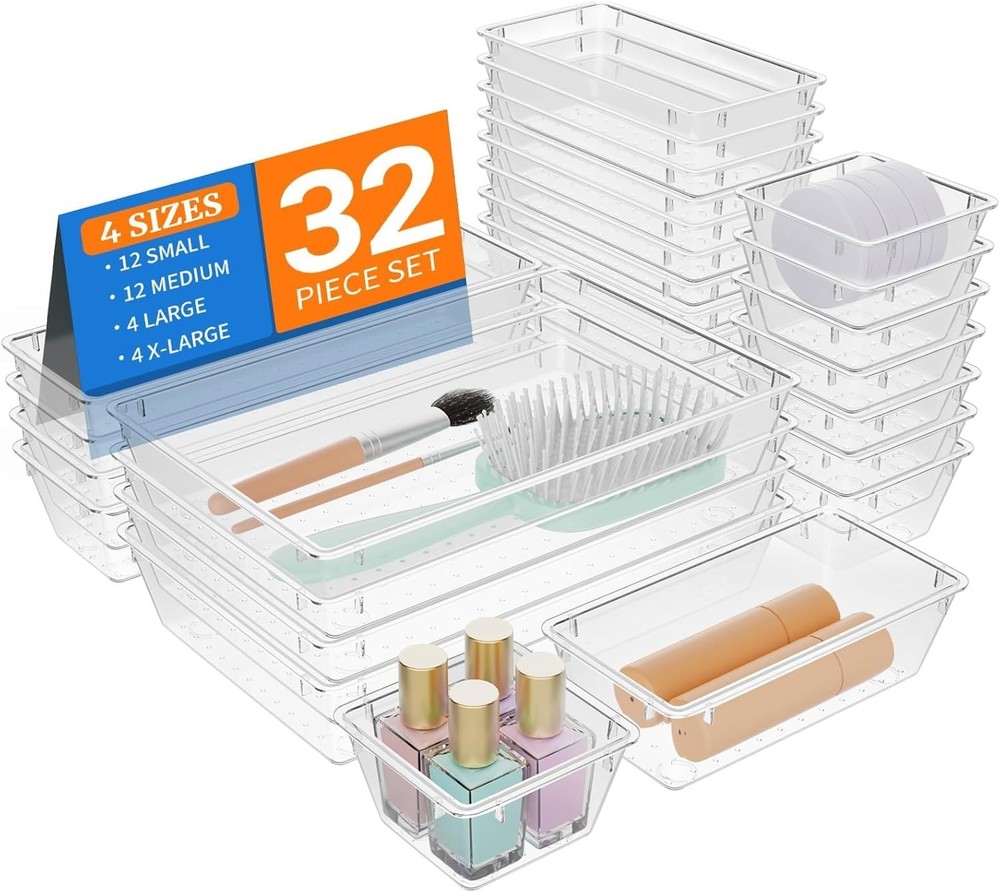 32 PCS Clear Plastic Drawer Organizer Set 4-Size vanity Trays and Storage Bins