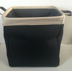 NEW! Black/Tan Canvas Storage Tote Bin Brown Vegan Leather Handles Fabric Lined