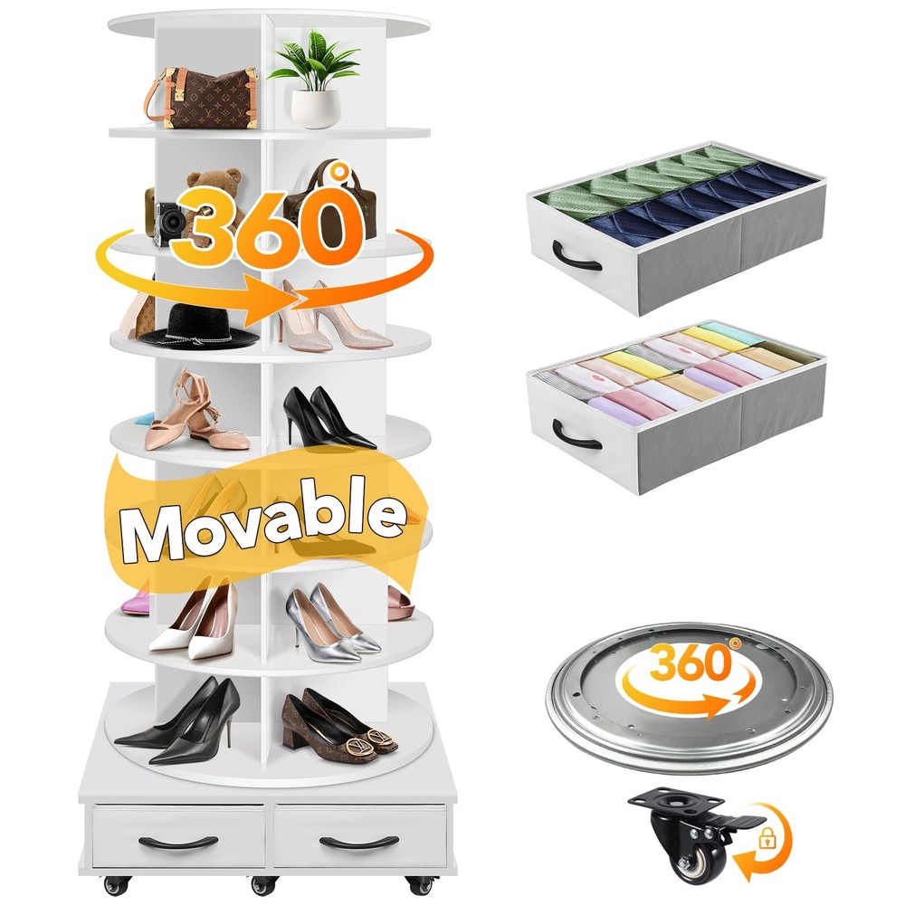 8-Tier Rotating Shoe Rack with 2 Drawers & 5 Wheels – 360° Storage Carousel
