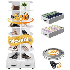 8-Tier Rotating Shoe Rack with 2 Drawers & 5 Wheels – 360° Storage Carousel