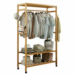 Bamboo Clothes Rail Scarf Cart Hanging Garment Coat Rack w 3 Tier Storage Shelf