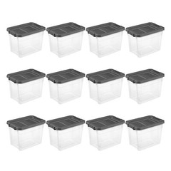 Sterilite 30 Qt Clear Plastic Stackable Storage Bin w/ Grey Latch Lid, 12 Pack