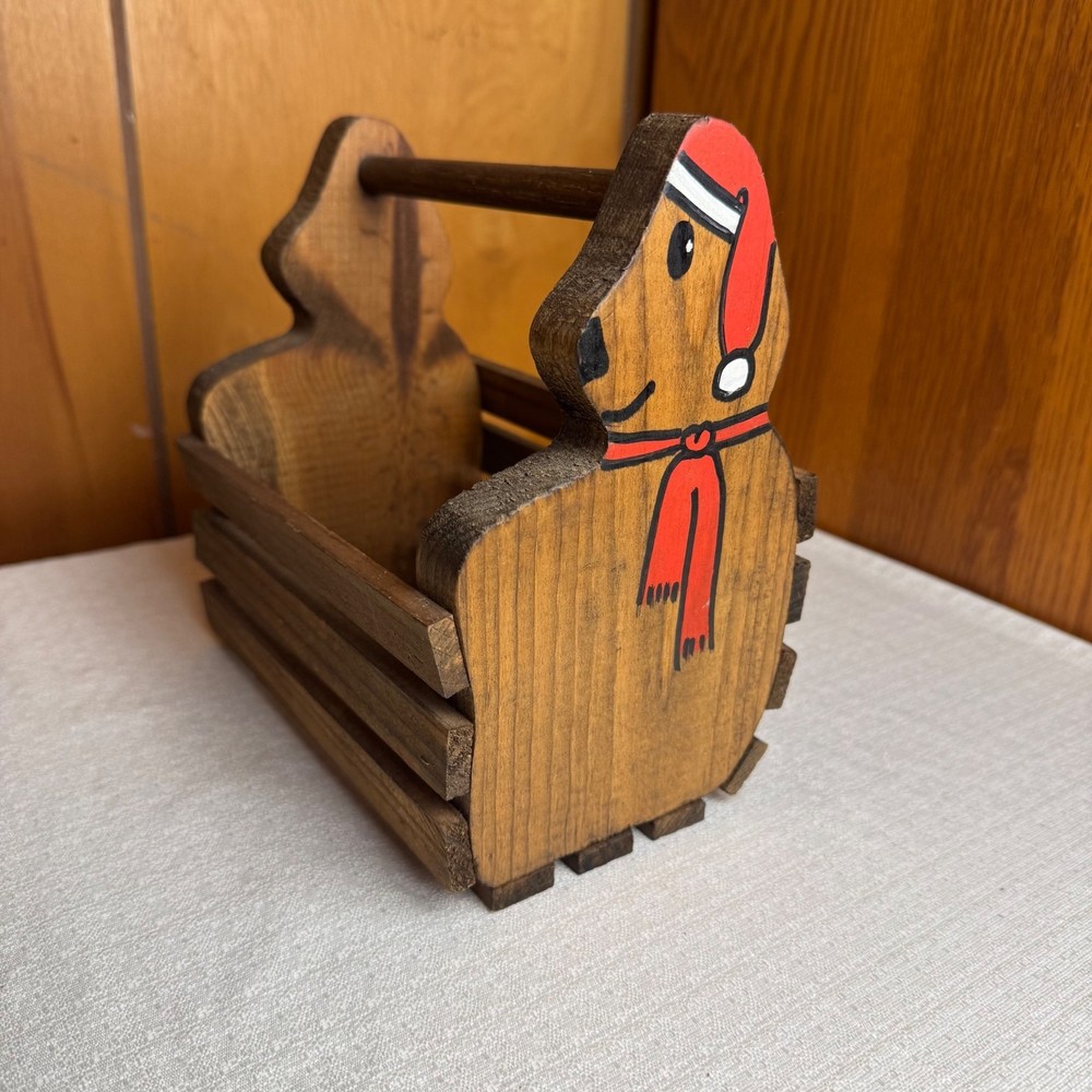 Vintage Wooden Teddy Bear Basket Christmas Storage Caddy Rustic Holiday Decor