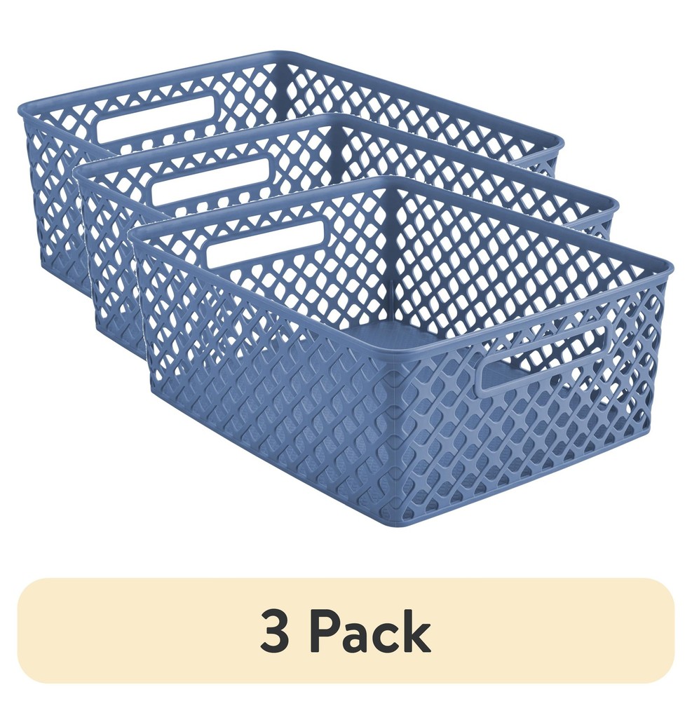 (3 pack) Medium Blue Decorative Plastic Storage Basket, 14 in x 11.5 in x 5.3 in