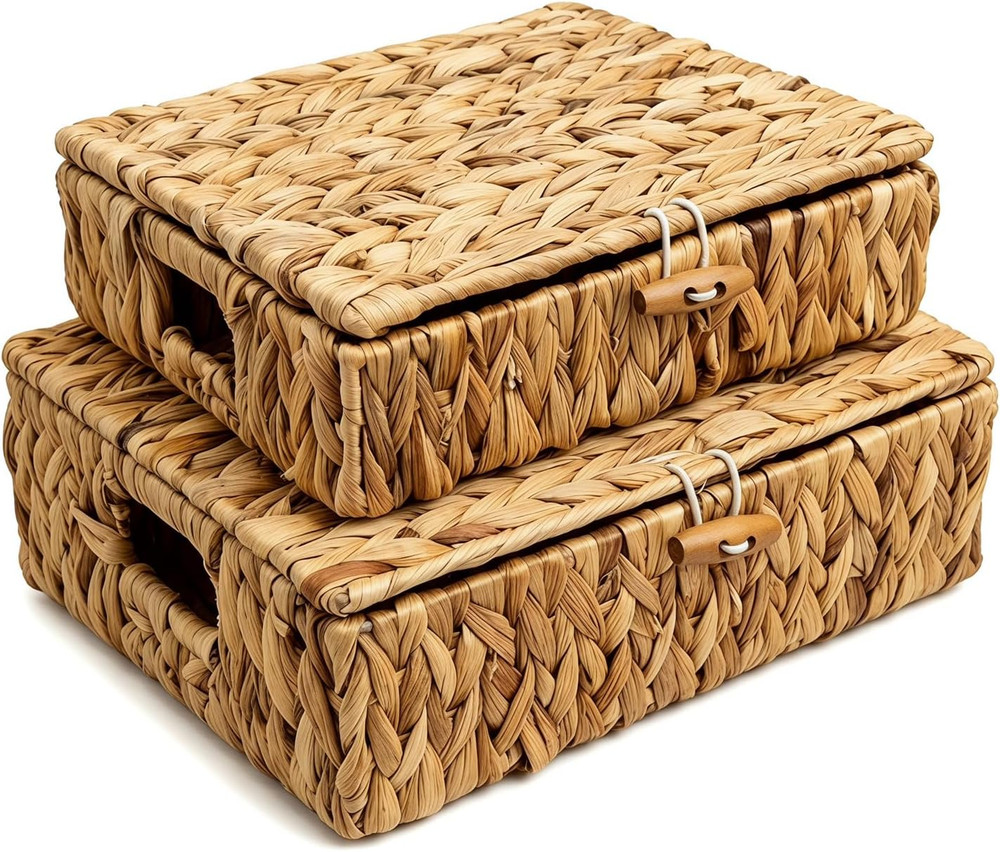 Handwoven Wicker Storage Baskets with Lid, 2-Pack – Natural & Dustproof
