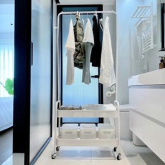 2-In-1 Garment Rack Clothing Rack With 2 Tier Metal Basket Rolling Storage Cart