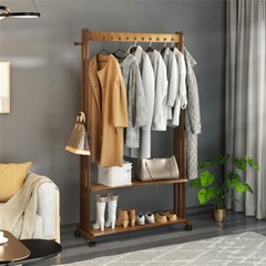 Walnut Wood Rolling Clothing Garment Rack Open Wardrobe f Entryway Bedroom Shop