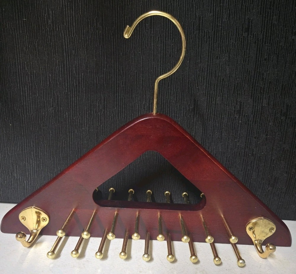 Cherry Wood & Brass Peg Tie & Belt Jewelry Organizer Hanger