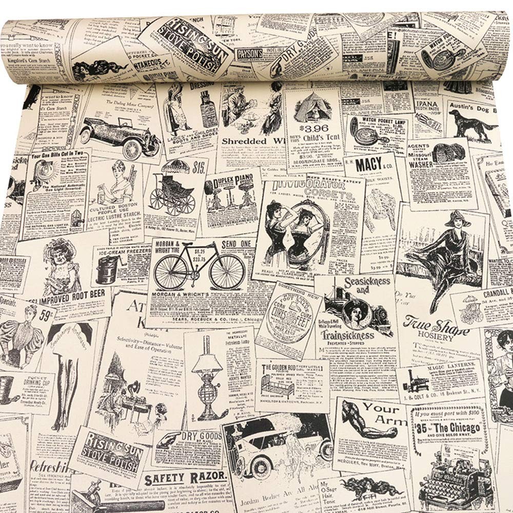 Self-Adhesive Vintage Newspapaer Wall Paper Drawer 17.7″W x 117″L, Beige